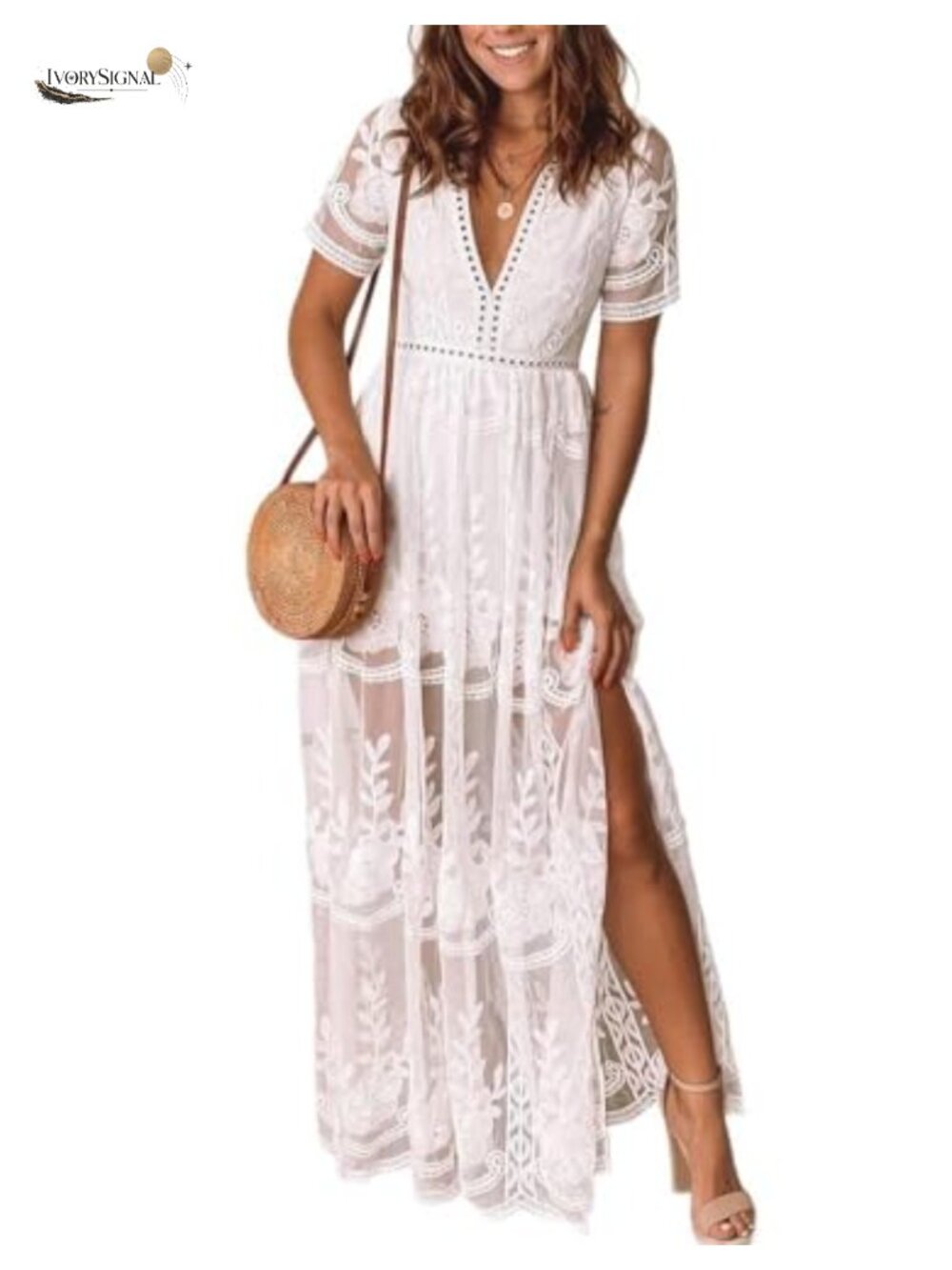 Lace Romper Dress Deep V-Neck Short Sleeve Maxi Boho Wedding Guest
